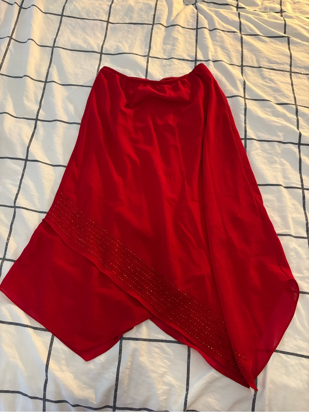 Periwinkle by Barlow Red Asymmetrical Skirt with Beaded Hem